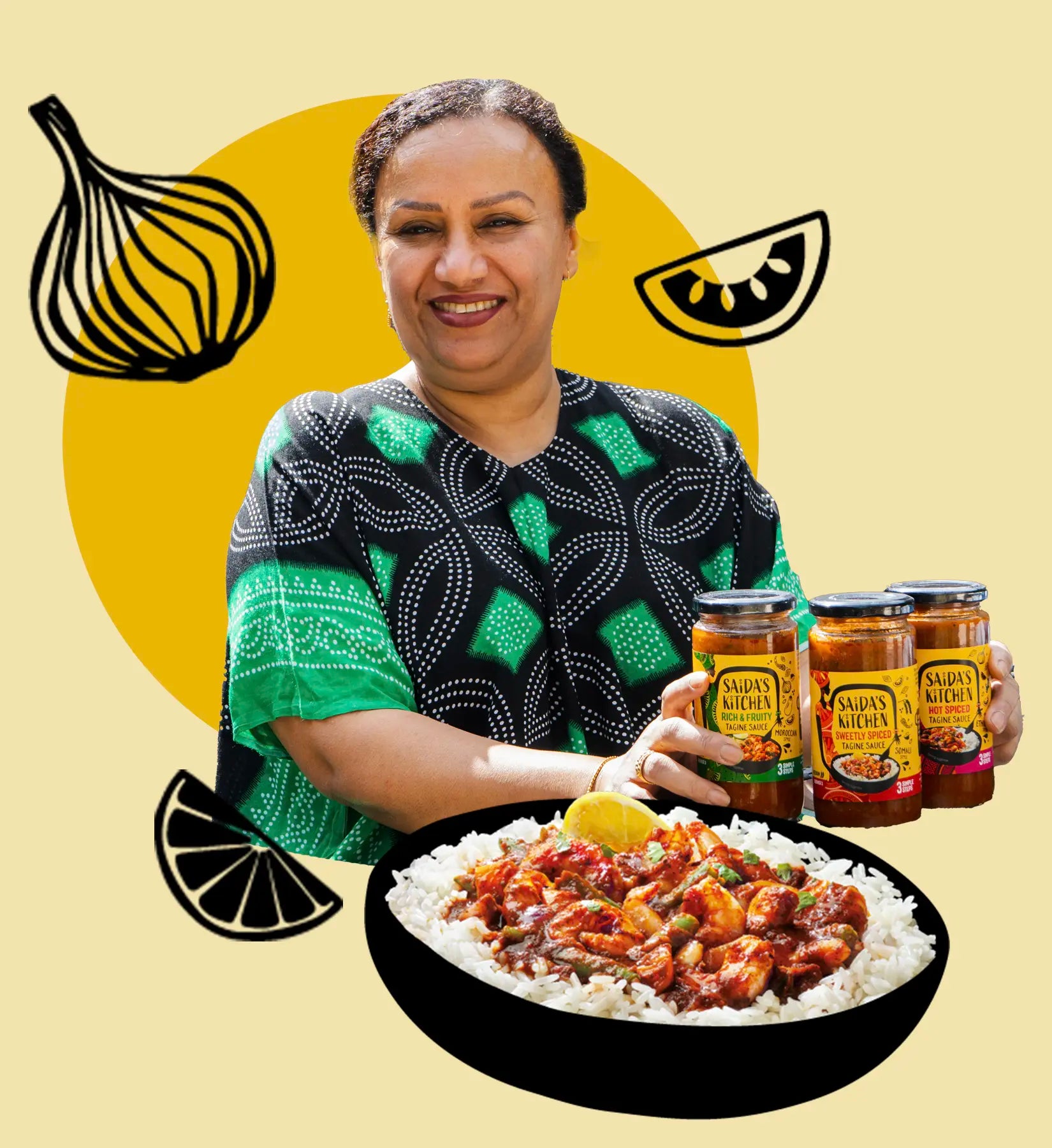 Saida holding three jars of Saida's Kitchen sauce behind a bowl of prawns and rice