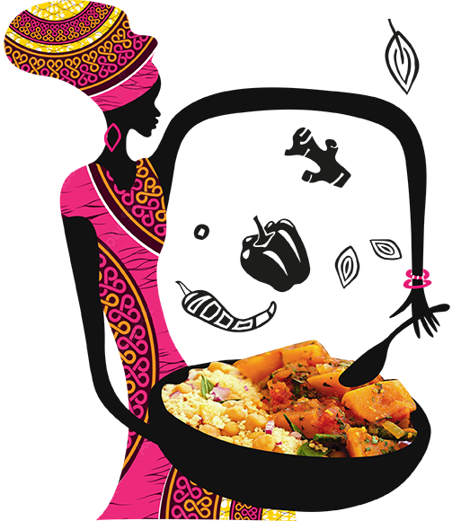 Illustration of a woman in patterned dress holding a tagine dish