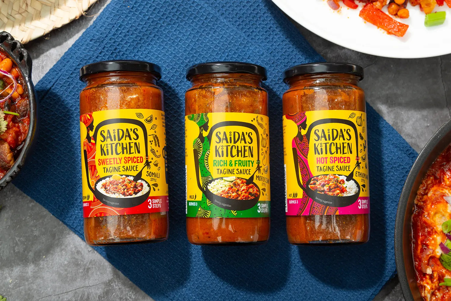 The three Saida's Kitchen tagine sauces side by side